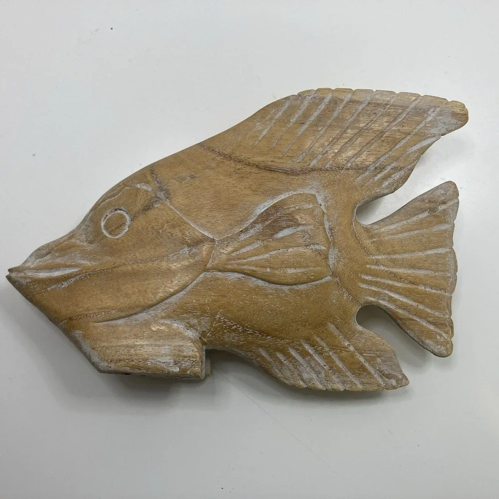 Vtg Wooden Fish Hand‎ Carved Tropical Angel Fish Decor Figurine Brown